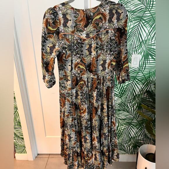Anthropologie Jaase Feather Print Midi Dress Small Boho Coastal Cowgirl - Picture 5 of 10